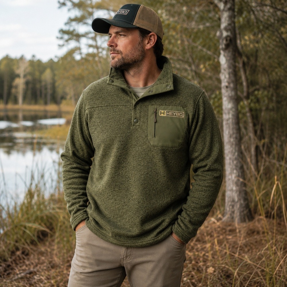 HEYBO Outdoors Fleece Pullover Sweater Snap Neck Utility Olive Green Men's M